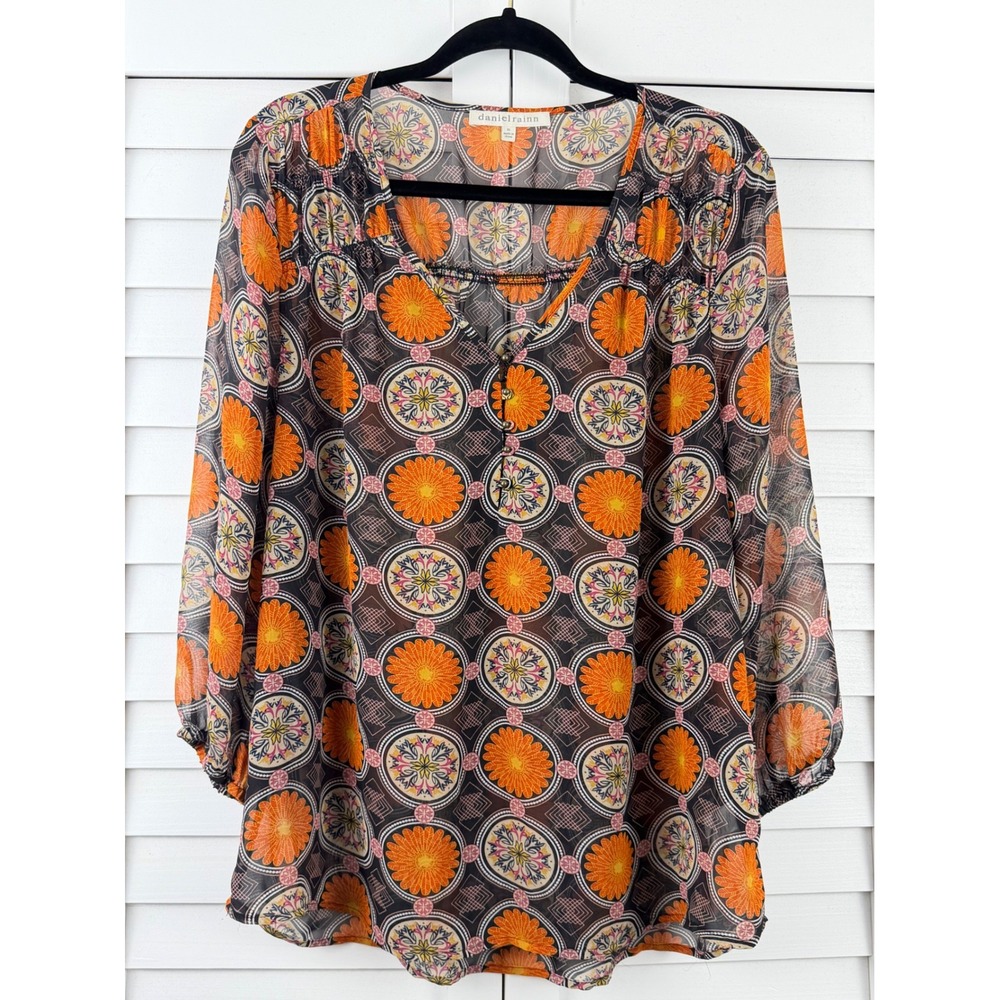 Daniel Rainn Blouse Women XL Orange Black Sheer Floral‎ Medallion 3/4 Sleeve